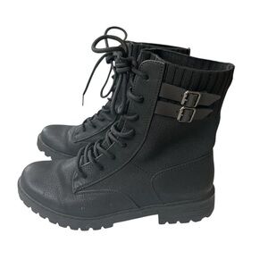 Black Lace Up Black Combat Boots with Double Buckle Detail - Size 9
